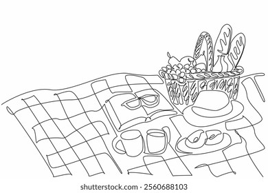 Continuous one line drawing picnic basket made of woven rattan filled with various fruits. Beautiful moments in summer. Sunlight. National Picnic Day. Single line draw design vector illustration