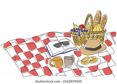 Continuous one line drawing picnic basket made of woven rattan filled with various fruits. Beautiful moments in summer. Sunlight. National Picnic Day. Single line draw design vector illustration