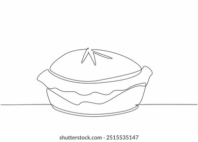 Pie de dibujo continuo de una línea visto desde el lado. Recién salido del horno. Disfruta de inmediato mientras hace calor. Delicioso. Sabroso. Salado. Día Nacional del Pastel. Ilustración vectorial de diseño de dibujo de línea única