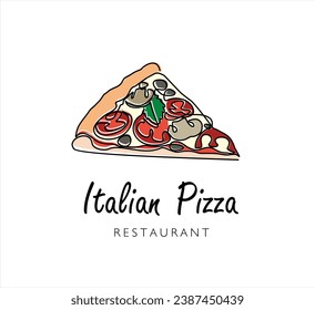 Continuous one line drawing of Piece of pizza for restaurant logo badge. Italian pizzeria logotype template concept isolated on white background. Trendy single line draw design with quote template.