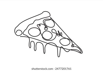 Dibujo continuo de una línea de Pedazo de pizza para la insignia del logotipo del restaurante. Concepto de Plantilla de logotipo de pizzería italiana aislado sobre fondo blanco. Diseño de dibujo de línea simple de moda