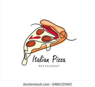 Continuous one line drawing of Piece of pizza for restaurant logo badge. Italian pizzeria logotype template concept isolated on white background. Trendy single line draw design with quote template.	