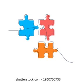 Continuous one line drawing pieces jigsaw puzzle with colors. Business metaphor design. Vector hand drawn illustration.