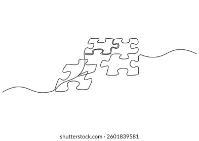 Continuous one line drawing Pieces of jigsaw. Single line drawing illustration of Connected puzzles. Puzzle concept vector art. Doodle line illustration.