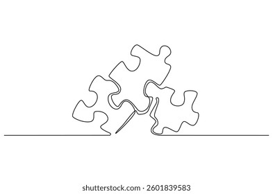 Continuous one line drawing Pieces of jigsaw. Single line drawing illustration of Connected puzzles. Puzzle concept vector art. Doodle line illustration.