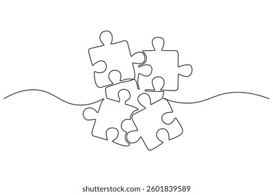 Continuous one line drawing Pieces of jigsaw. Single line drawing illustration of Connected puzzles. Puzzle concept vector art. Doodle line illustration.