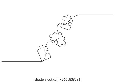Continuous one line drawing Pieces of jigsaw. Single line drawing illustration of Connected puzzles. Puzzle concept vector art. Doodle line illustration.