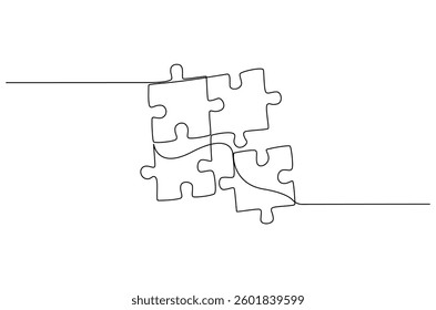 Continuous one line drawing Pieces of jigsaw. Single line drawing illustration of Connected puzzles. Puzzle concept vector art. Doodle line illustration.