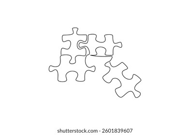 Continuous one line drawing Pieces of jigsaw. Single line drawing illustration of Connected puzzles. Puzzle concept vector art. Doodle line illustration.