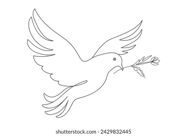 Continuous one line drawing of a pigeon in flight with a branch. Dove of peace. Line art. Concept of freedom, hope. White backdrop. Design element for print, postcard, scrapbooking, coloring book. 