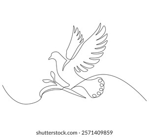 Continuous one line drawing of pigeon. Bird symbol of peace and freedom. Single line drawing illustration of flying dove. style Concept vector art. Doodle line illustration.

