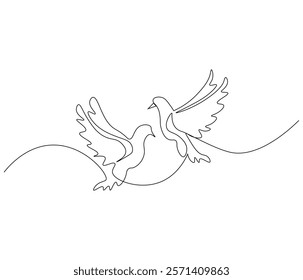 Continuous one line drawing of pigeon. Bird symbol of peace and freedom. Single line drawing illustration of flying dove. style Concept vector art. Doodle line illustration.

