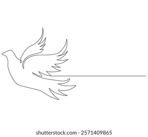 Continuous one line drawing of pigeon. Bird symbol of peace and freedom. Single line drawing illustration of flying dove. style Concept vector art. Doodle line illustration.

