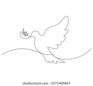 Continuous one line drawing of pigeon. Bird symbol of peace and freedom. Single line drawing illustration of flying dove. style Concept vector art. Doodle line illustration.

