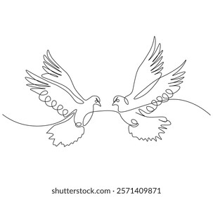 Continuous one line drawing of pigeon. Bird symbol of peace and freedom. Single line drawing illustration of flying dove. style Concept vector art. Doodle line illustration.

