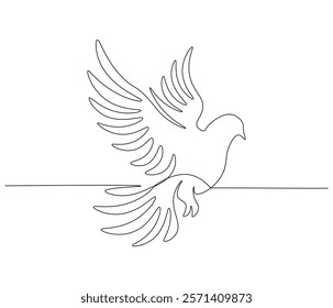 Continuous one line drawing of pigeon. Bird symbol of peace and freedom. Single line drawing illustration of flying dove. style Concept vector art. Doodle line illustration.

