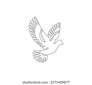 Continuous one line drawing of pigeon. Bird symbol of peace and freedom. Single line drawing illustration of flying dove. style Concept vector art. Doodle line illustration.

