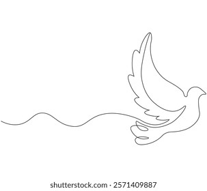 Continuous one line drawing of pigeon. Bird symbol of peace and freedom. Single line drawing illustration of flying dove. style Concept vector art. Doodle line illustration.

