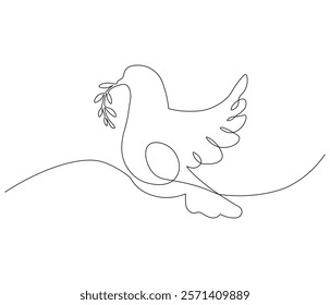 Continuous one line drawing of pigeon. Bird symbol of peace and freedom. Single line drawing illustration of flying dove. style Concept vector art. Doodle line illustration.

