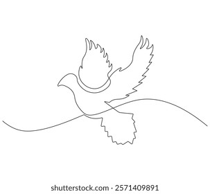 Continuous one line drawing of pigeon. Bird symbol of peace and freedom. Single line drawing illustration of flying dove. style Concept vector art. Doodle line illustration.

