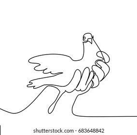 Continuous one line drawing. Pigeon in hands logo. Black and white vector illustration. Concept for logo, card, banner, poster, flyer