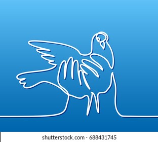Continuous one line drawing. Pigeon in hands logo. Two doves logo. White on blue gradient background. Concept for logo, card, banner, poster, flyer