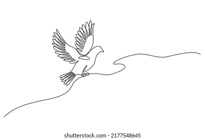 Continuous one line drawing of a pigeons flying. vector illustration of a dove in flight isolated on a transparent background. Single line art of peace and freedom bird symbol in doodle style.