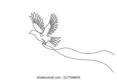 Continuous one line drawing of a pigeons flying. vector illustration of a dove in flight isolated on a transparent background. Single line art of peace and freedom bird symbol in doodle style.