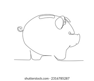 Continuous one line drawing of piggy saving money box. Piggy bank line art vector illustration. Business and economy concept. Editable stroke.	