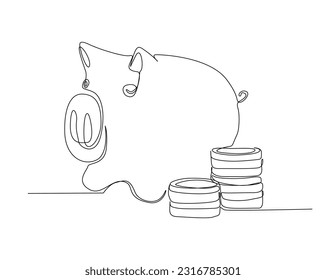 Continuous one line drawing of piggy saving money. Piggy bank with dollar coins line art vector illustration. Business and economy concept. Editable stroke.	