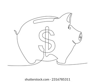 Continuous one line drawing of piggy saving money bank. Piggy bank with dollar symbol line art vector illustration. Business and economy concept. Editable stroke.	