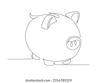 Continuous one line drawing of piggy saving money box. Piggy bank line art vector illustration. Business and economy concept. Editable stroke.	