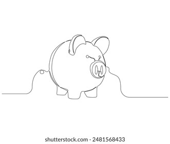 Continuous one line drawing of piggy saving. One line drawing illustration of piggy bank. Business and economy concept line art. Editable outline.