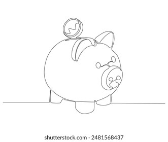 Continuous one line drawing of piggy saving. One line drawing illustration of piggy bank. Business and economy concept line art. Editable outline.