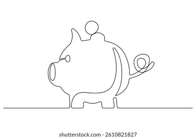 Continuous one line drawing of piggy bank. Single line drawing illustration of Pink piggy bank. Savings money for the future concept vector art. Doodle line illustration.