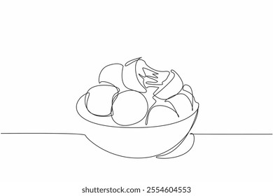 Continuous one line drawing pile of cheese balls on a bowl. Melted cheese that increasingly increases hunger. Savory. Delicious. National Cheese Ball Day. Single line draw design vector illustration