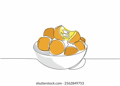 Continuous one line drawing pile of cheese balls on a bowl. Melted cheese that increasingly increases hunger. Savory. Delicious. National Cheese Ball Day. Single line draw design vector illustration