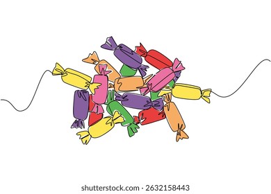 Continuous one line drawing pile of colorful candy. Bring plenty of stock to snack on while studying. Enjoy sweet and soft taste in one. National Taffy Day. Single line draw design vector illustration