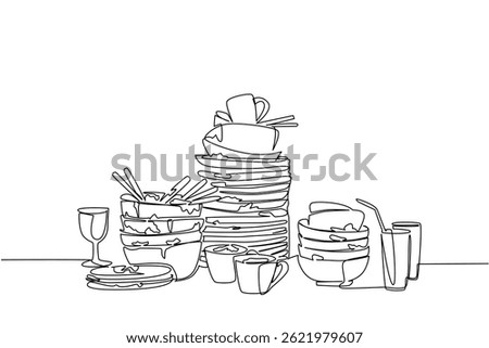 Continuous one line drawing pile of dirty plates, bowls, mugs and cups. Large family meal with invited guests. Manual washing. National No Dirty Dishes Day. Single line draw design vector illustration