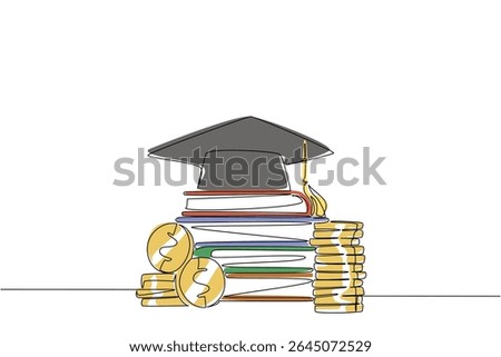 Continuous one line drawing a pile of thick books with a graduation cap on top and some stacks of coins. Raising funds for education. College Savings Day. Single line draw design vector illustration