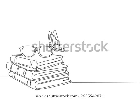 Continuous one line drawing a pile of thick old books with glasses on top and butterflies perched. Learn cultivation. Butterfly Education and Awareness Day. Single line draw design vector illustration