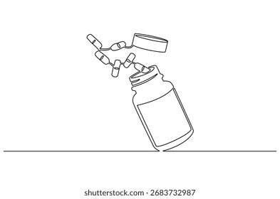 Kontinuierliche einzeilige Zeichnung von Pillen Flasche fallen. Einzeilige Zeichnung Illustration von Pillen Falling aus der Flasche. Medizinische Kapseln Container Konzept Vektor Kunst. Doodle Linie Illustration.