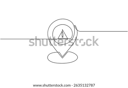 Continuous one line drawing of pin location icon with alert icon design, Location point inside a alert icon continuous one line drawing, symbolizing important information or a warning.