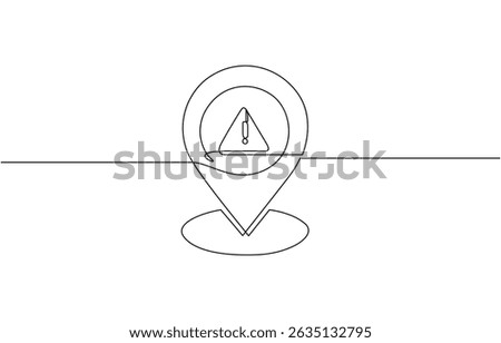 Continuous one line drawing of pin location icon with alert icon design, Location point inside a alert icon continuous one line drawing, symbolizing important information or a warning.
