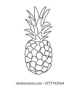 Continuous one line drawing pineapple. Vector illustration. Black line art on white background. Cartoon pineapple isolated on white background.  Vegan concept