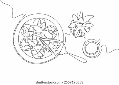 Continuous one line drawing pineapple upside-down cake in round shape on wooden cutting board. More delicious with tea. Zesty. Pineapple Upside-Down Cake. Single line draw design vector illustration