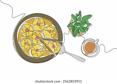 Continuous one line drawing pineapple upside-down cake in round shape on wooden cutting board. More delicious with tea. Zesty. Pineapple Upside-Down Cake. Single line draw design vector illustration