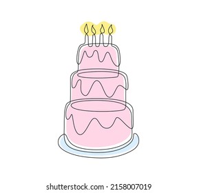 Continuous one line drawing of pink birthday cake with candles. Sweet celebration torte and pie with sugar cream in simple linear style. Editable stroke. Doodle vector illustration