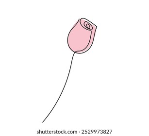 Continuous one line drawing of Pink rose bud isolated on white background. Line art of Beautiful flower. Concept of nature, ecology, organic shapes, Floral Design, Botanical Art, Natural Beauty