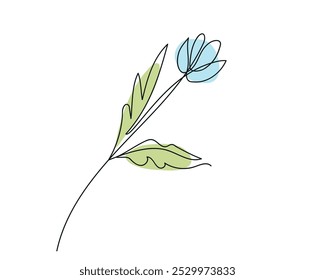 Desenho contínuo de uma linha de flor rosa com verde Folha isolada sobre fundo branco. Line art. Conceito de natureza, ecologia, formas orgânicas, Design Floral, Arte Botânica, Beleza Natural